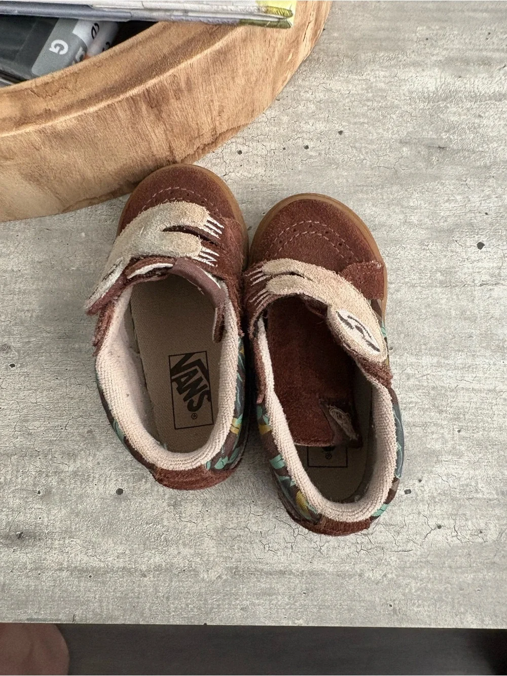 Vans Sk8-Mid Sloth Brown Suede Leaf Print Velcro size 8 toddler